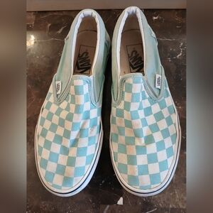 Vans Teal and White Checkered Slip-On Sneakers